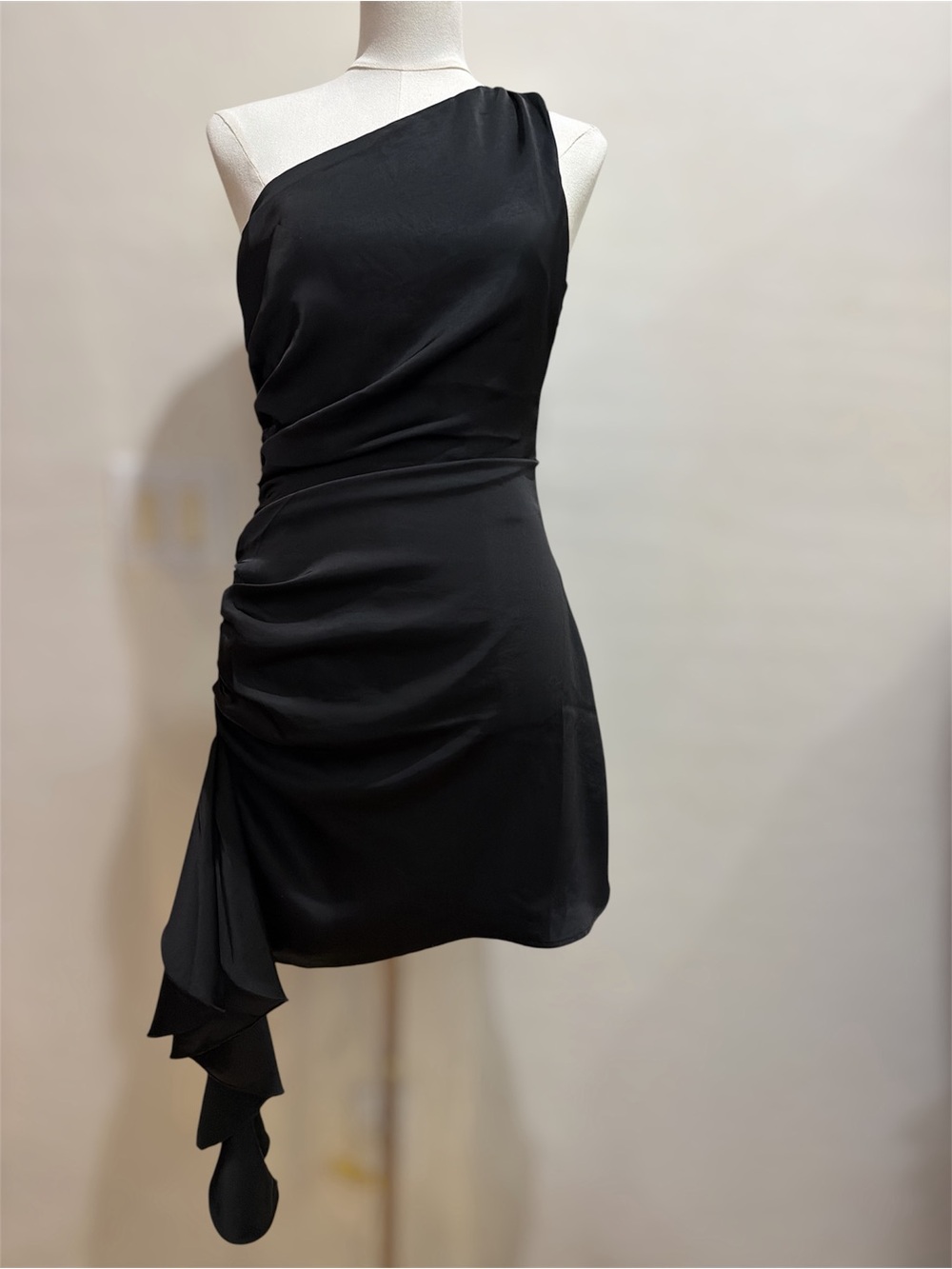 Lulus Black Satin One Shoulder Ruched Ruffle Mini Dress S